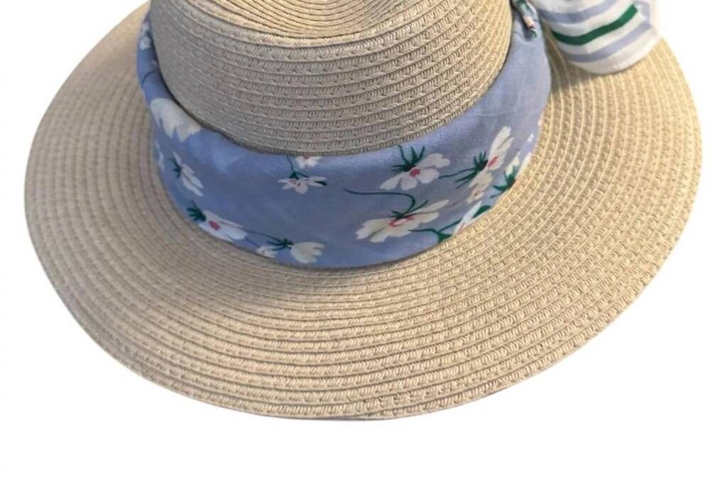 NEW STYLE & CO. women’s straw sun hat in natural and blue floral scarf